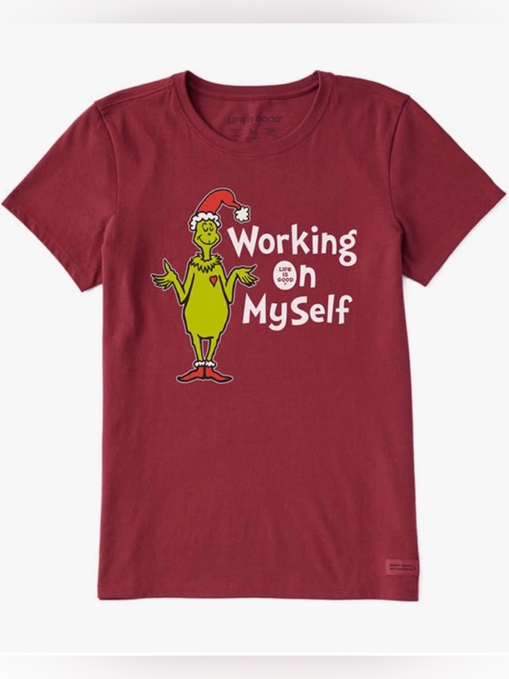 LIFE IS GOOD GRINCH WORKING ON MYSELF CRUSHER TEE CRANBERRY RED WOMEN'S XL